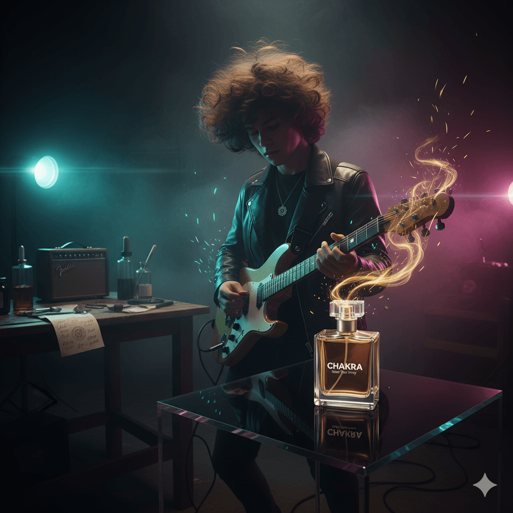 Teen guitarist in a studio playing beside a glowing Chakra perfume bottle.